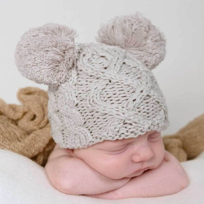 Newborn Baby Aran Birch Double Pom Pom Beanie Hat