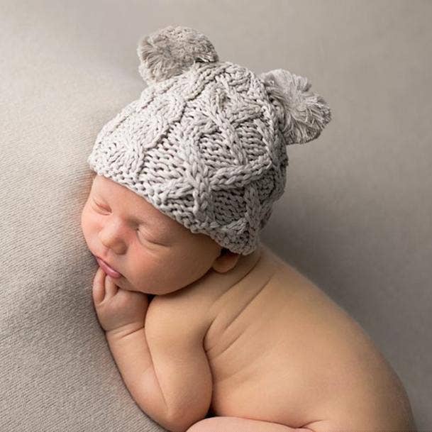 Newborn Baby Aran Birch Double Pom Pom Beanie Hat