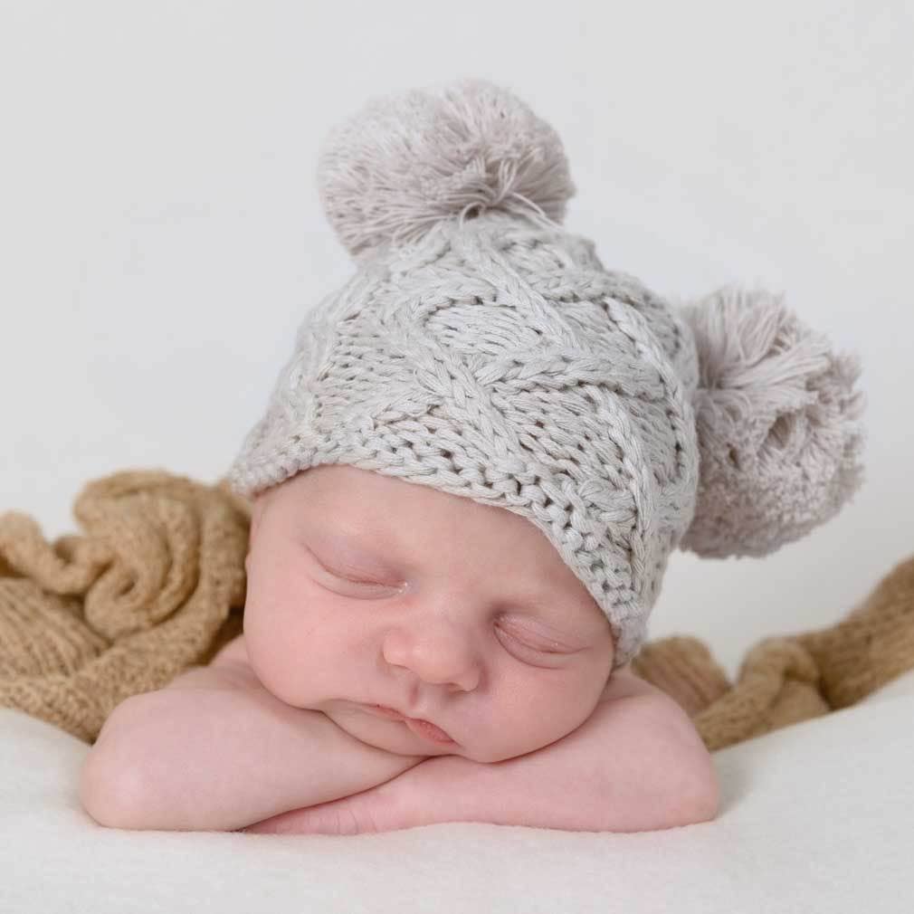 Newborn Baby Aran Birch Double Pom Pom Beanie Hat